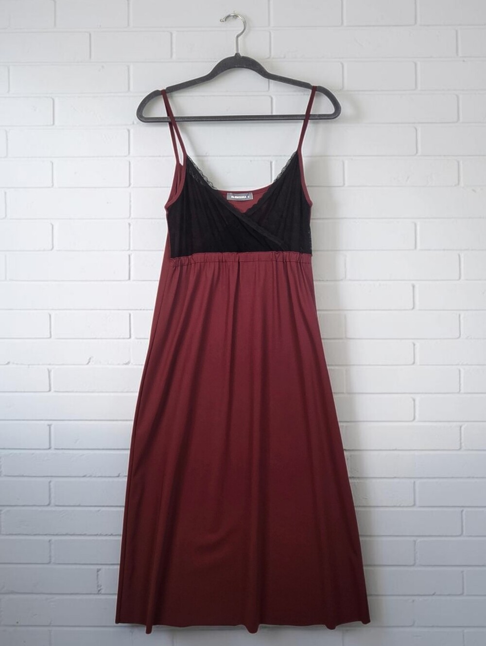 Alembika Slip Dress Burgundy Knit Sheer Black Lace Bust Empire Waist Midi Medium
